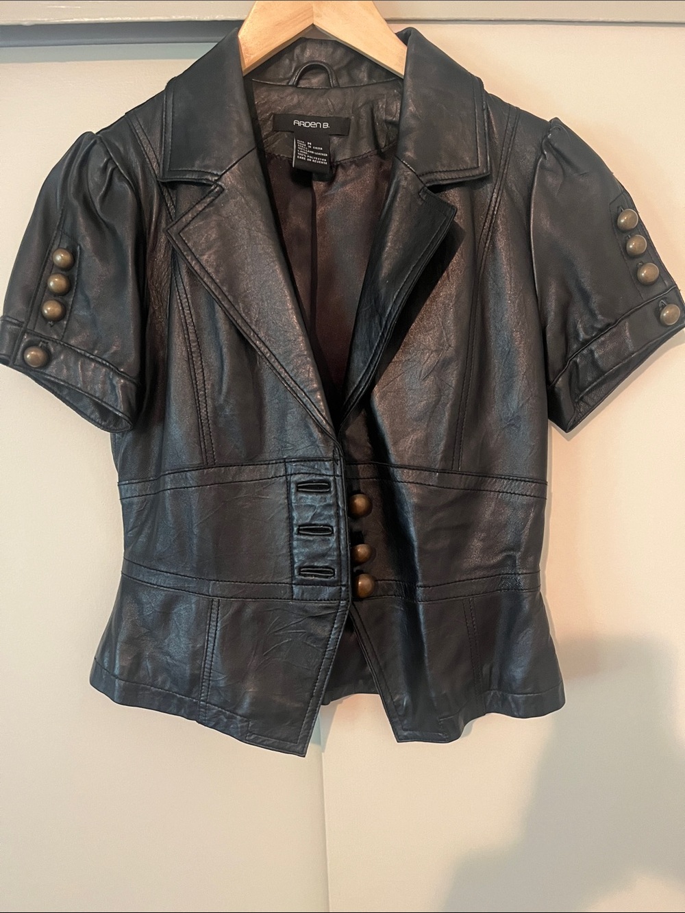 Arden B Black Short-Sleeve Leather Blazer with Brass Buttons